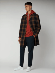 Long Orange and Navy Blue Wool Check Tailored Coat - lacontra